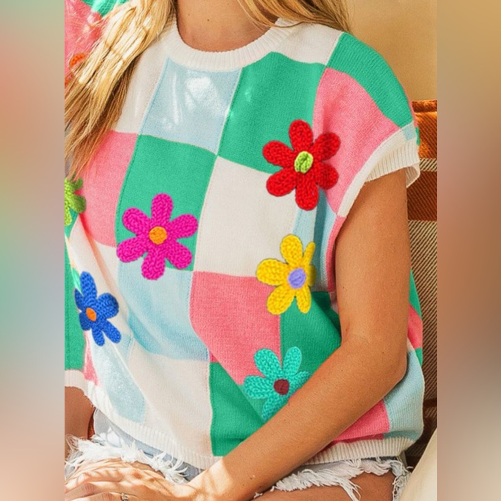 NWT BiBi Rainbow Y2K Crochet Flower Patch Checkered Knit Sweater Vest - Picture 2 of 3
